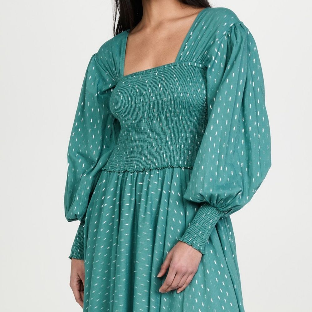 Abacaxi Eva Dress Teal Metallic Cotton Maxi Puff Sleeve Smocked Bodice Sz Large - Picture 6 of 16